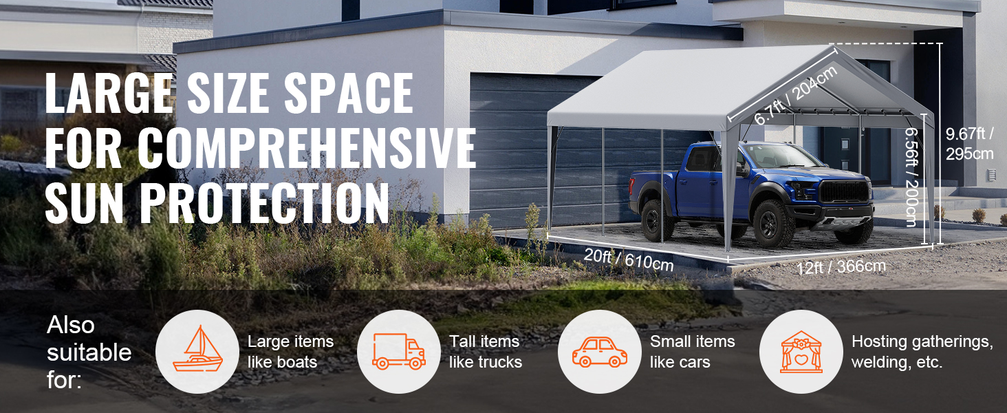 VEVOR carport canopy 20ft x 12ft for large items like boats, trucks, and cars. ideal for gatherings.