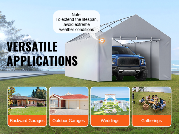 VEVOR carport canopy cover in a backyard by the sea, used for garages, weddings, and gatherings.
