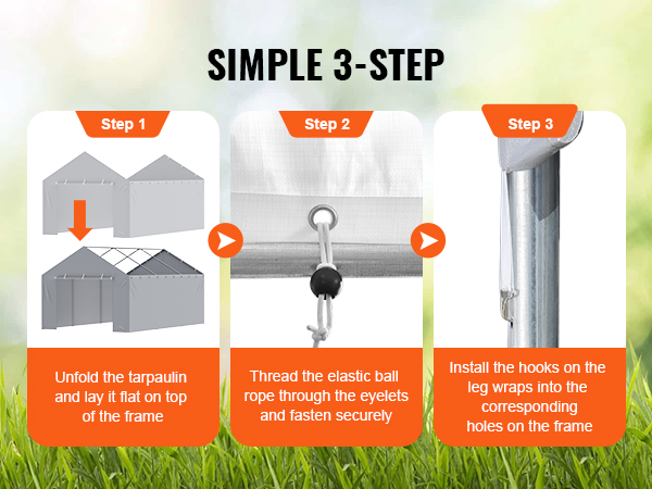 simple 3-step VEVOR carport canopy cover installation guide with visuals: unfold, thread, secure.