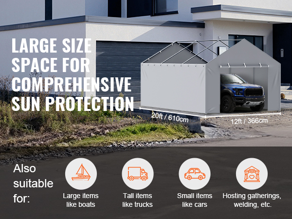 large grey VEVOR carport canopy cover with suv parked, offering comprehensive sun protection.