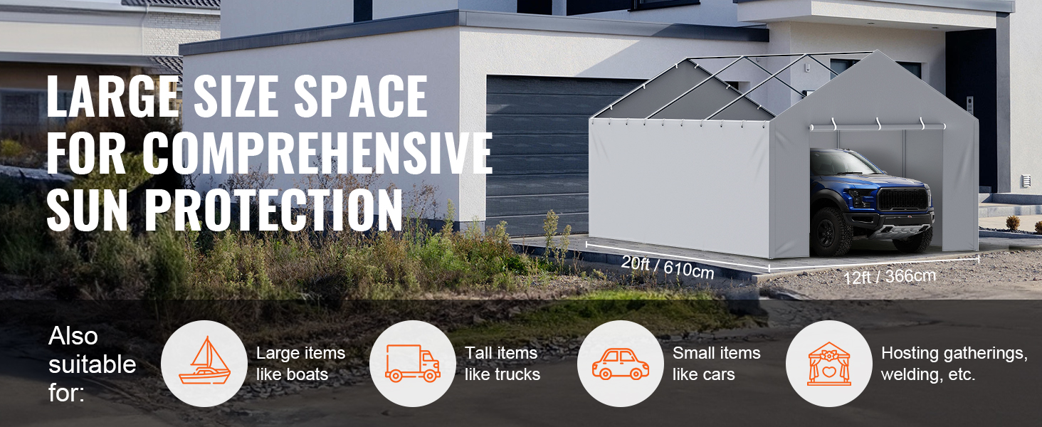 large grey VEVOR carport canopy cover with suv parked, offering comprehensive sun protection.
