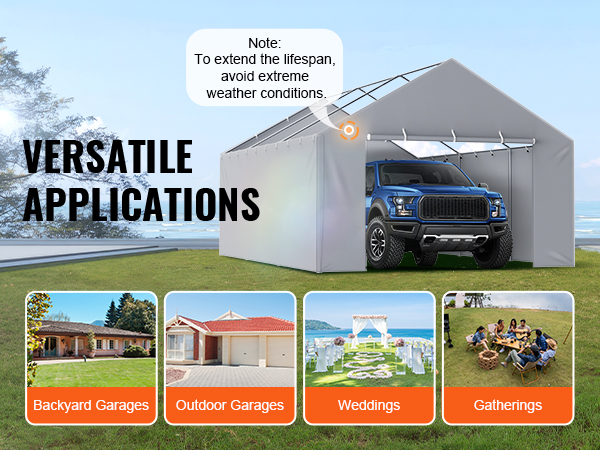 VEVOR carport canopy cover for versatile applications: backyard garages, outdoor garages, weddings, gatherings.
