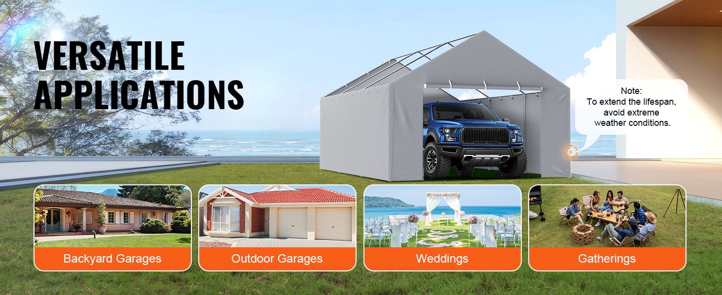 VEVOR carport canopy cover for versatile applications: backyard garages, outdoor garages, weddings, gatherings.