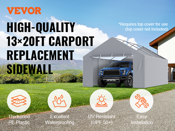 VEVOR carport canopy cover, 13×20ft sidewall, thickened pe plastic, waterproof, uv resistant, easy install.
