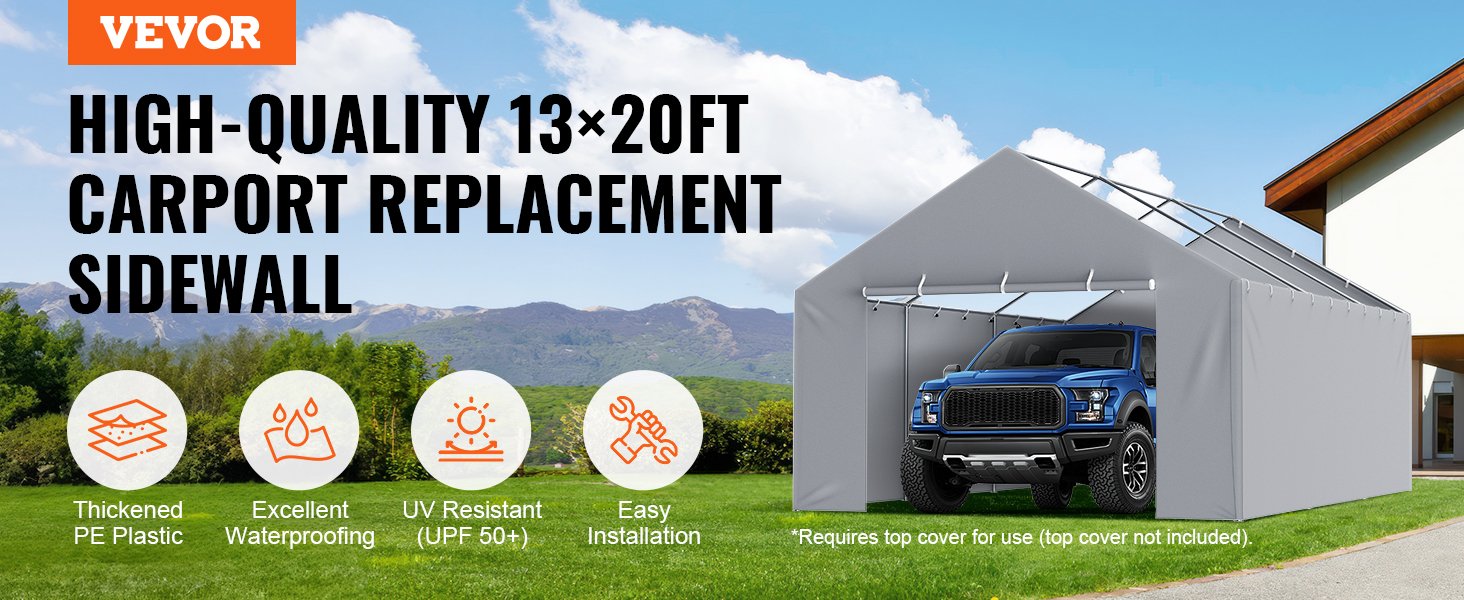 VEVOR carport canopy cover, 13×20ft sidewall, thickened pe plastic, waterproof, uv resistant, easy install.
