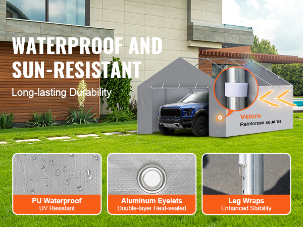 VEVOR carport canopy cover with pu waterproof, aluminum eyelets, leg wraps, and velcro reinforced squares.