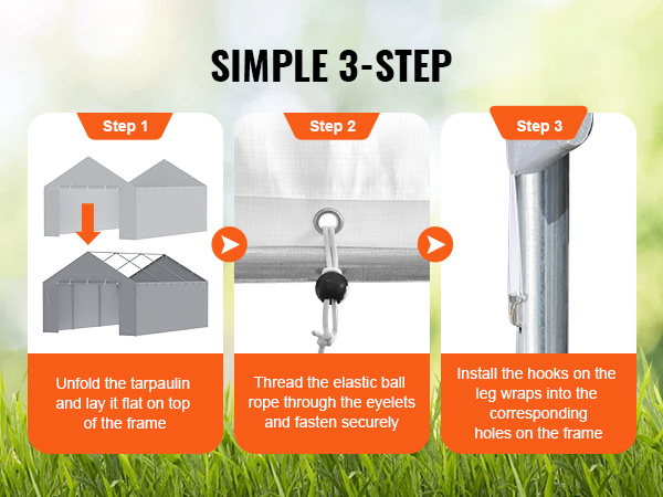 simple 3-step guide to install VEVOR carport canopy cover: secure tarp, thread rope, hook wraps.
