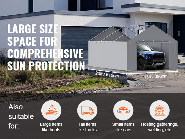 VEVOR carport canopy cover with large space for sun protection, suitable for cars, boats, and gatherings.