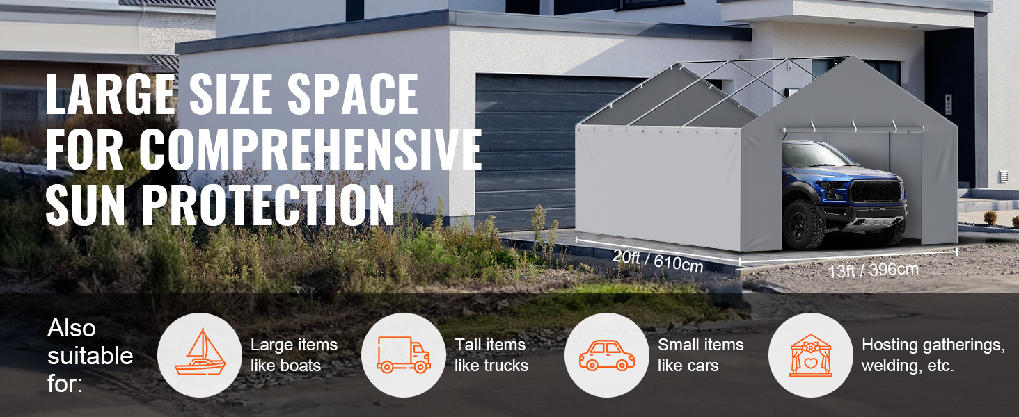 VEVOR carport canopy cover with large space for sun protection, suitable for cars, boats, and gatherings.