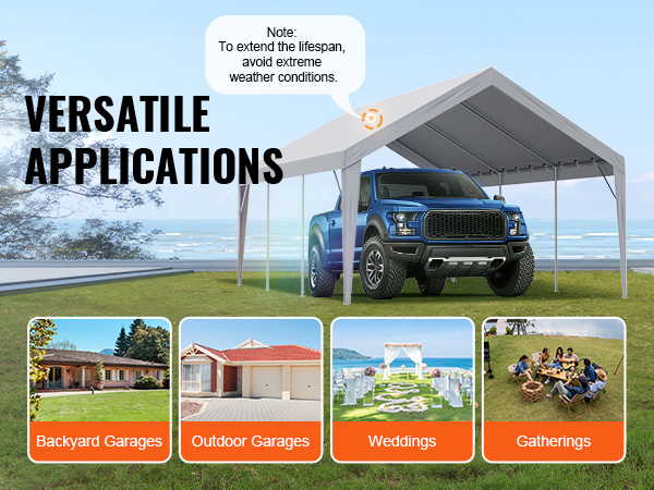 VEVOR carport canopy cover with truck, showcasing versatile applications: backyard garages, outdoor garages, weddings, gatherings.