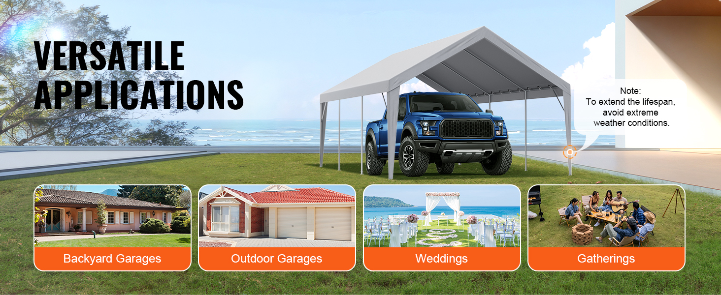 VEVOR carport canopy cover with truck, showcasing versatile applications: backyard garages, outdoor garages, weddings, gatherings.