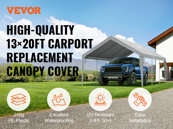 VEVOR carport canopy cover: high-quality 13×20ft, 210g pe plastic, waterproof, uv resistant, easy setup.