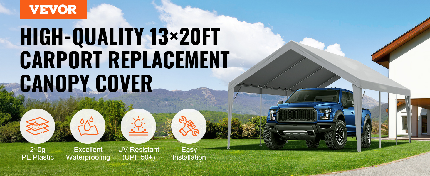 VEVOR carport canopy cover: high-quality 13×20ft, 210g pe plastic, waterproof, uv resistant, easy setup.