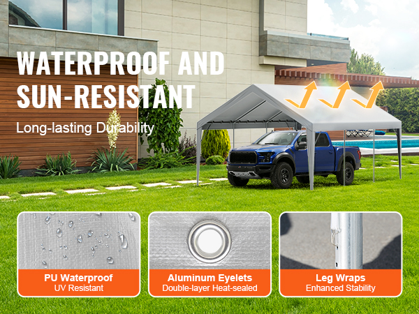 VEVOR carport canopy cover with pu waterproof material, aluminum eyelets, and leg wraps for stability.