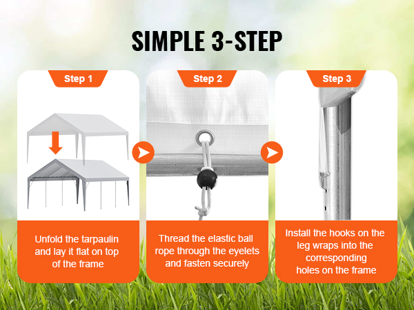 simple 3-step installation process for VEVOR carport canopy cover: lay tarpaulin, secure ropes, install hooks.