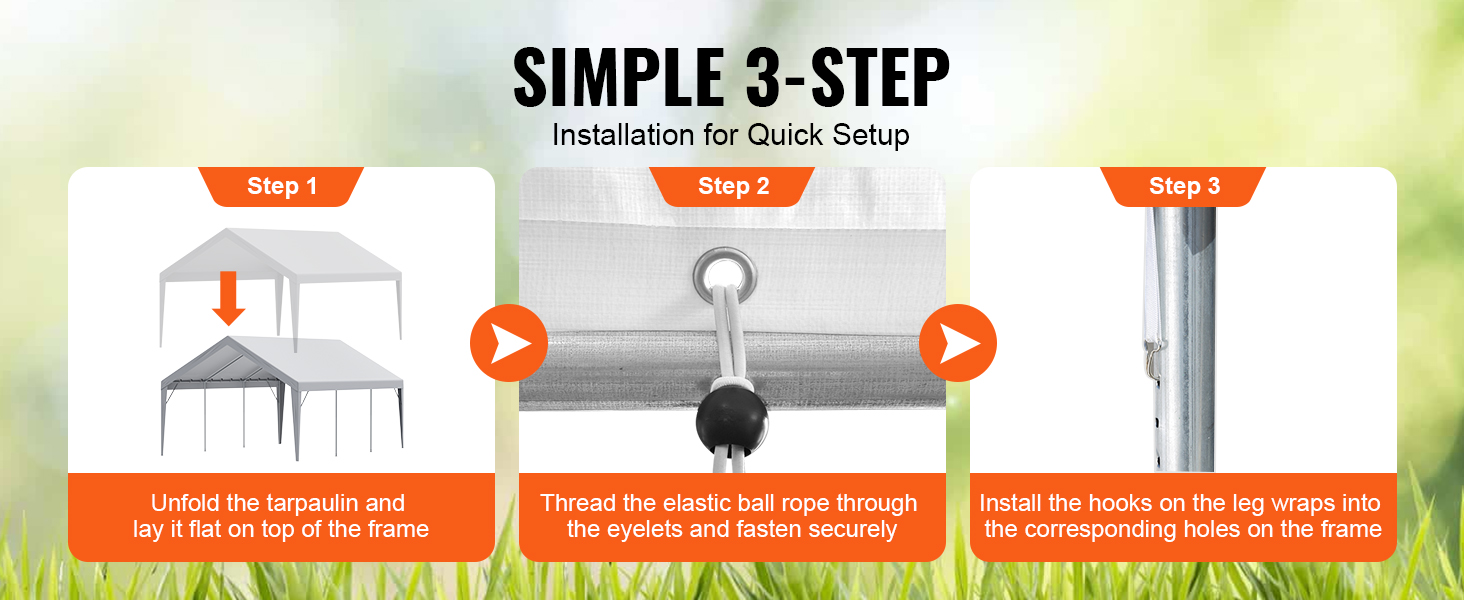 simple 3-step installation process for VEVOR carport canopy cover: lay tarpaulin, secure ropes, install hooks.
