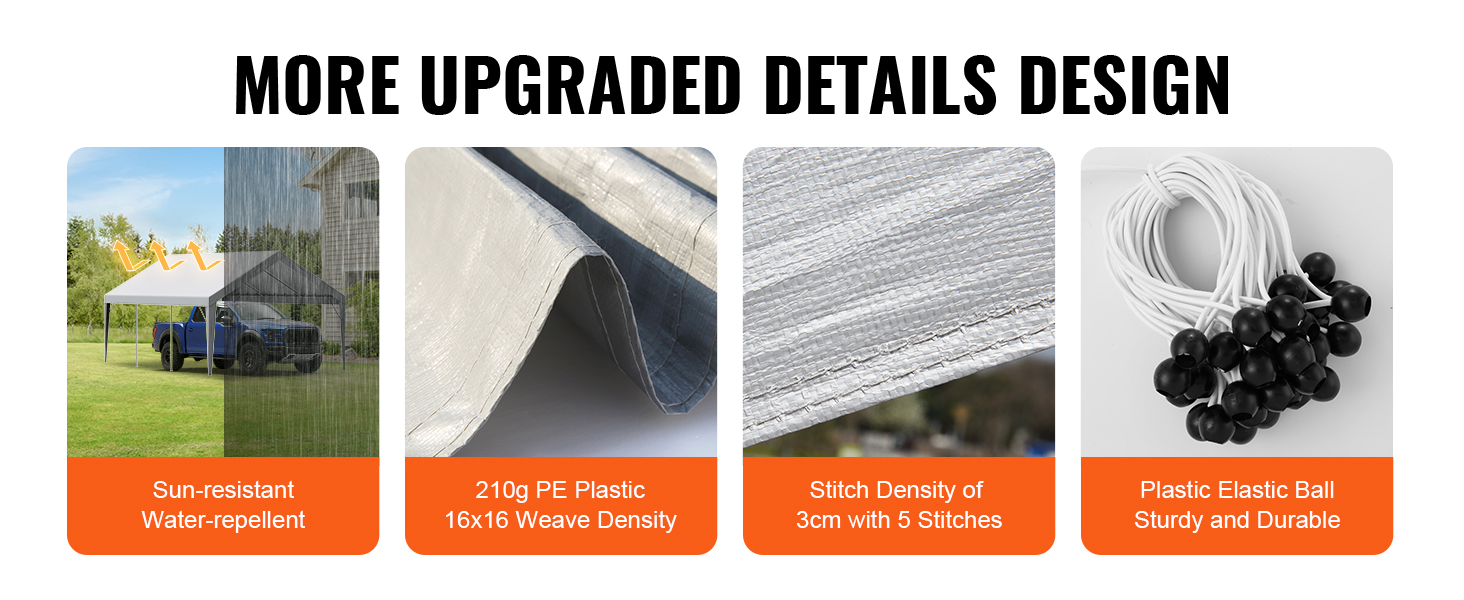 VEVOR carport canopy cover, sun-resistant, water-repellent, 210g pe plastic, sturdy elastic ball ties.