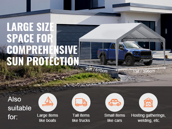 VEVOR carport canopy cover with large space, comprehensive sun protection for trucks, boats, and gatherings.