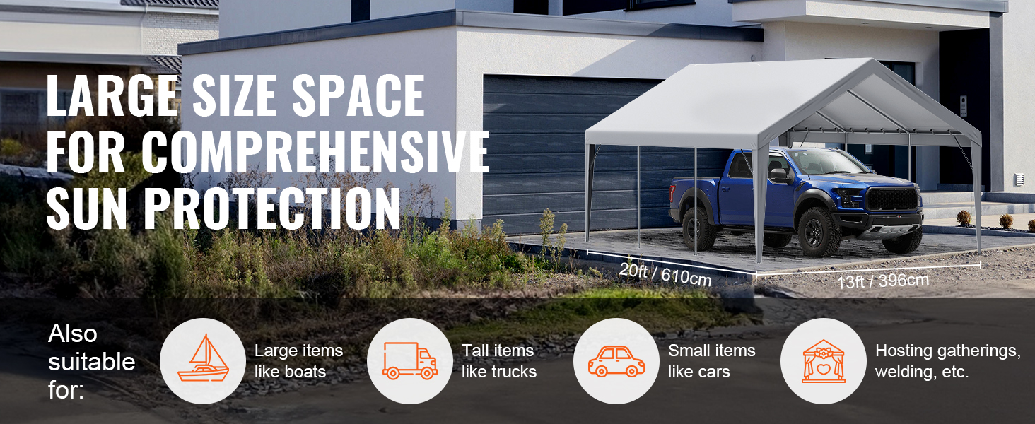 VEVOR carport canopy cover with large space, comprehensive sun protection for trucks, boats, and gatherings.