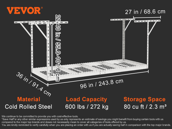 VEVOR overhead garage storage rack dimensions, load capacity of 600 lbs, made of cold rolled steel.