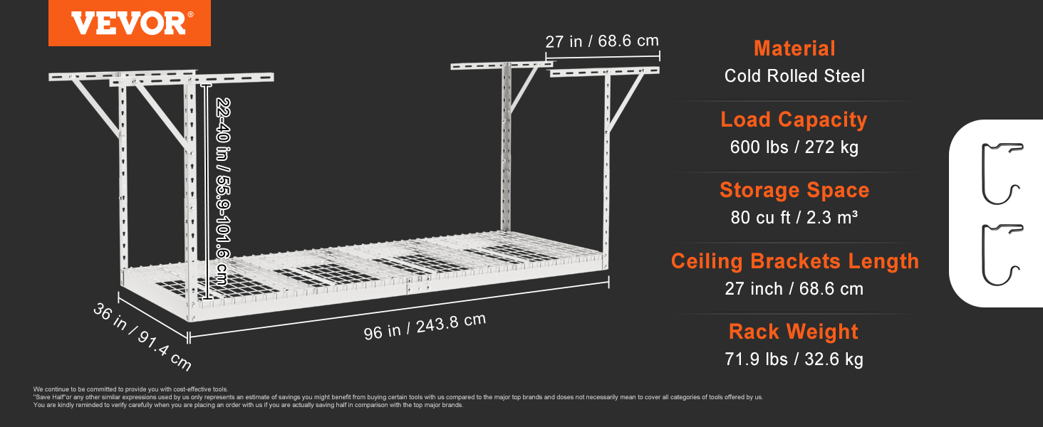 VEVOR overhead garage storage rack dimensions, load capacity of 600 lbs, made of cold rolled steel.