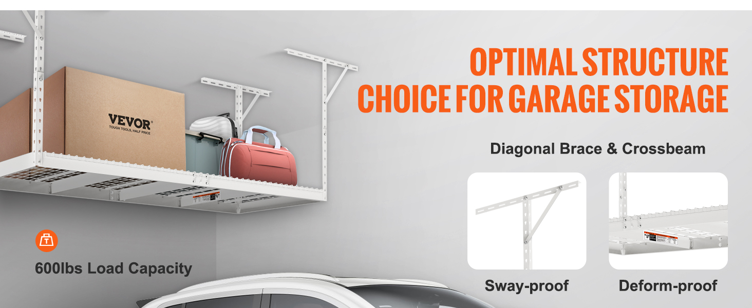 VEVOR griestu garāžas glabāšanas plaukts ar 600 mārciņu kravnesību, kastēm un maisiņiem.