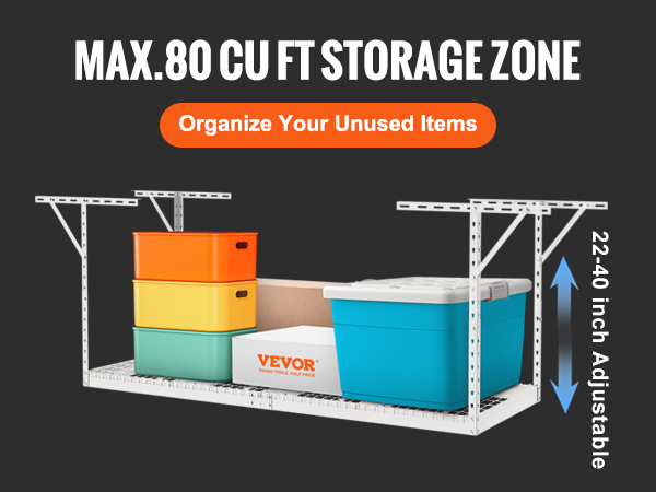 VEVOR griestu garāžas uzglabāšanas plaukts, 80 kubikpēdu ietilpība, spilgtas atkritumu tvertnes, regulējams augstums 22–40 collas.