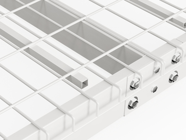 close-up of VEVOR overhead garage storage rack shows steel grid design and sturdy bolts.