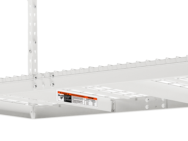 VEVOR overhead garage storage rack in white framework with a weight capacity label and adjustable bolts.