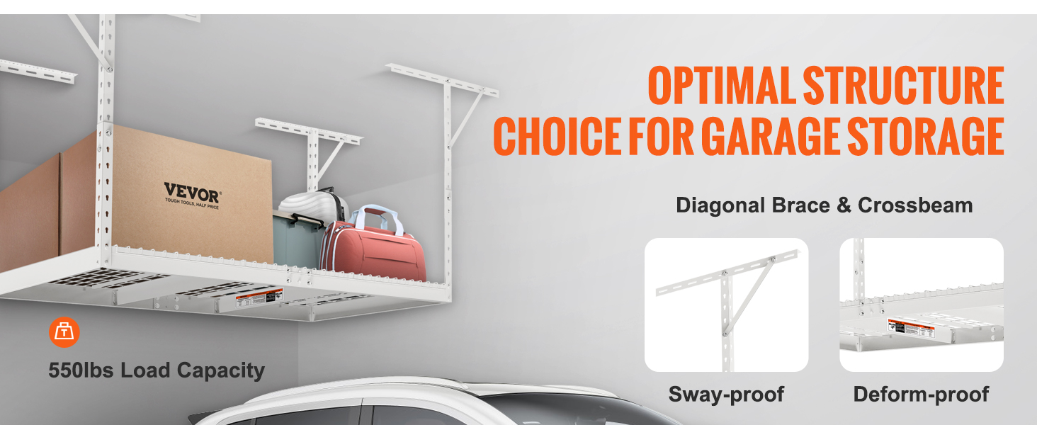 VEVOR overhead garage storage rack, 550 lbs load capacity, optimal structure for garage storage.