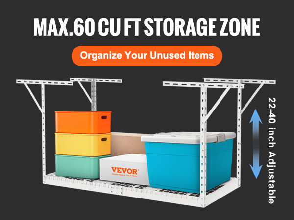 VEVOR overhead garage storage rack holds colorful bins and totes, adjustable 22-40 inch, max 60 cu ft.