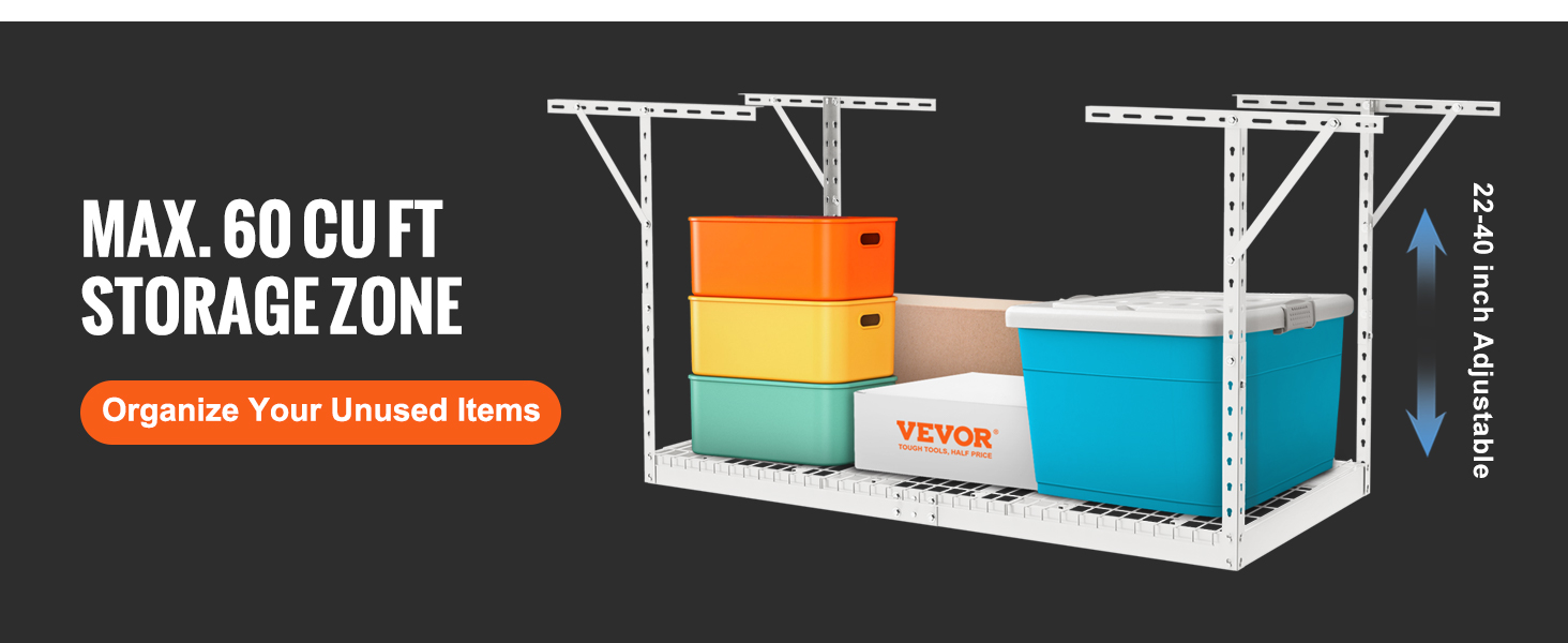 VEVOR overhead garage storage rack holds colorful bins and totes, adjustable 22-40 inch, max 60 cu ft.