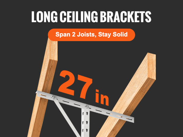 VEVOR overhead garage storage rack with 27-inch long ceiling brackets spanning 2 joists.