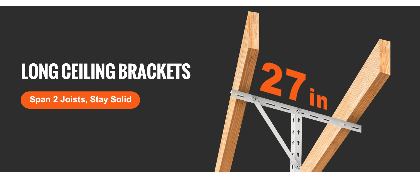 VEVOR overhead garage storage rack with 27-inch long ceiling brackets spanning 2 joists.