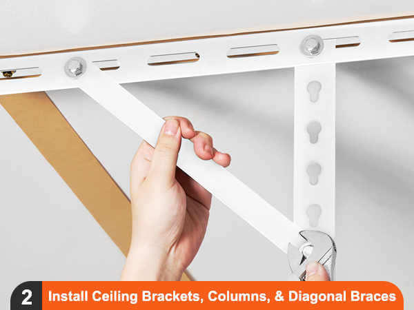 hand tightening bolt while installing VEVOR overhead garage storage rack bracket and diagonal brace.