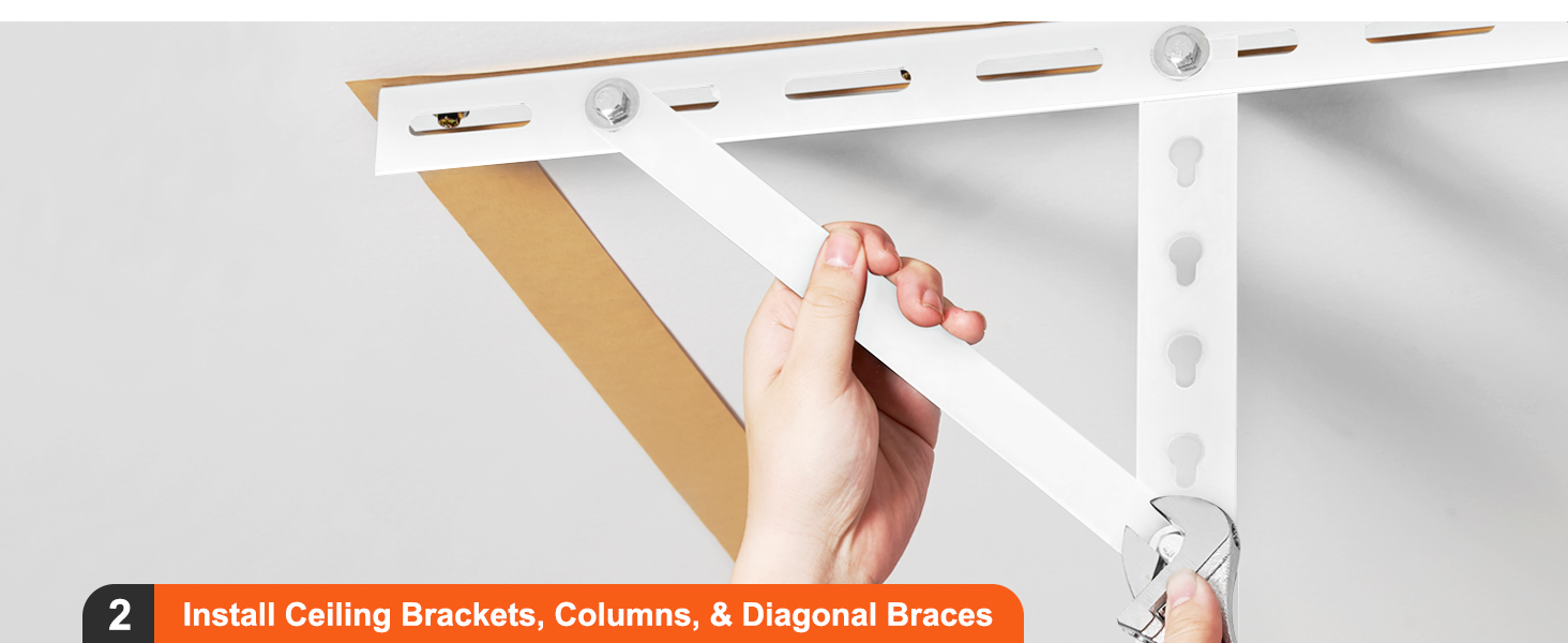 hand tightening bolt while installing VEVOR overhead garage storage rack bracket and diagonal brace.