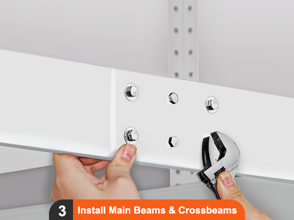 installing beams for a VEVOR overhead garage storage rack with bolts and a wrench.