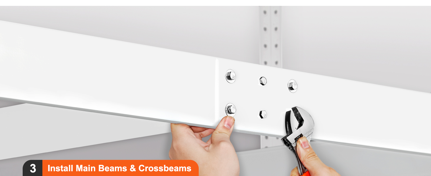 installing beams for a VEVOR overhead garage storage rack with bolts and a wrench.