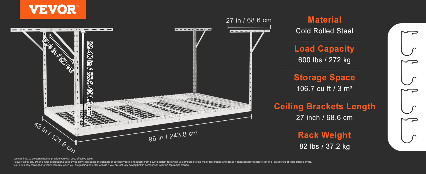 VEVOR garāžas glabāšanas statīvs, auksti velmēts tērauds, 600 lbs slodze, 106,7 cu ft ietilpība, 96x48 collas.