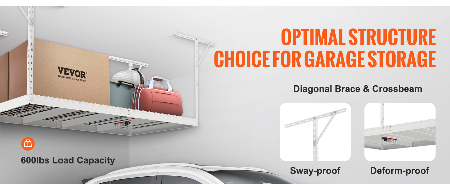 VEVOR garāžas noliktavas plaukts ar 600 mārciņu kravnesību, diagonālu stiprinājumu, šķērsstieni un optimālu konstrukciju.