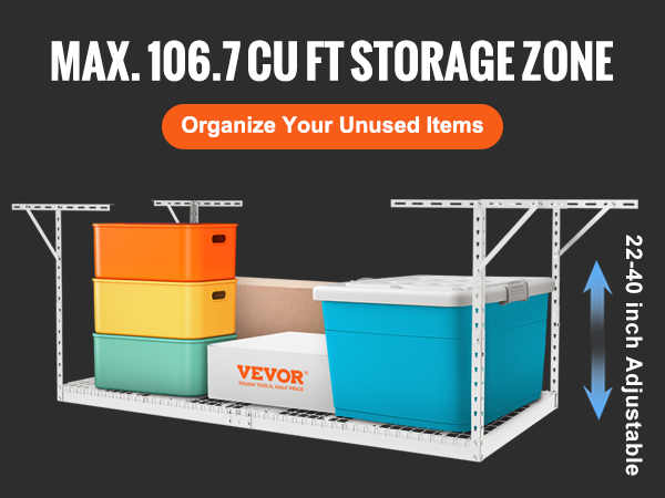 VEVOR garāžas uzglabāšanas plaukts ar maks. 106,7 kubikpēdām, regulējams no 22 līdz 40 collām, sakārtojiet savas neizmantotās mantas.