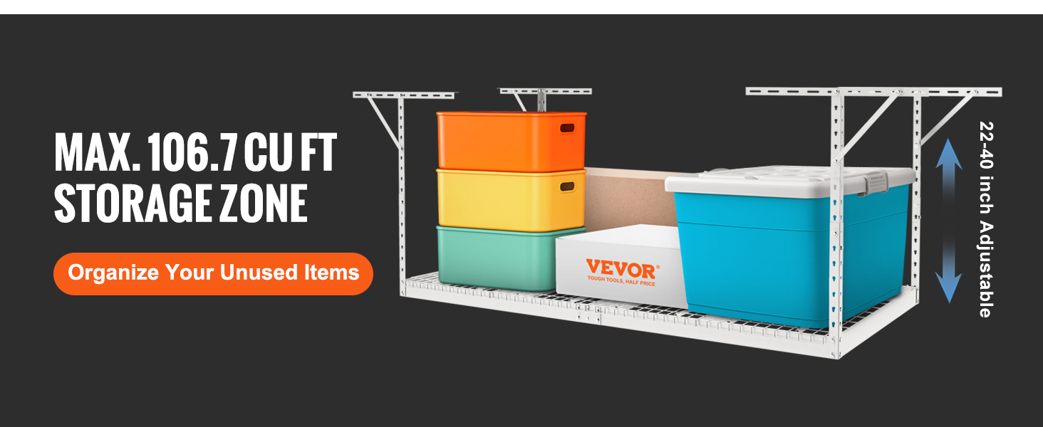 VEVOR garāžas uzglabāšanas plaukts ar maks. 106,7 kubikpēdām, regulējams no 22 līdz 40 collām, sakārtojiet savas neizmantotās mantas.