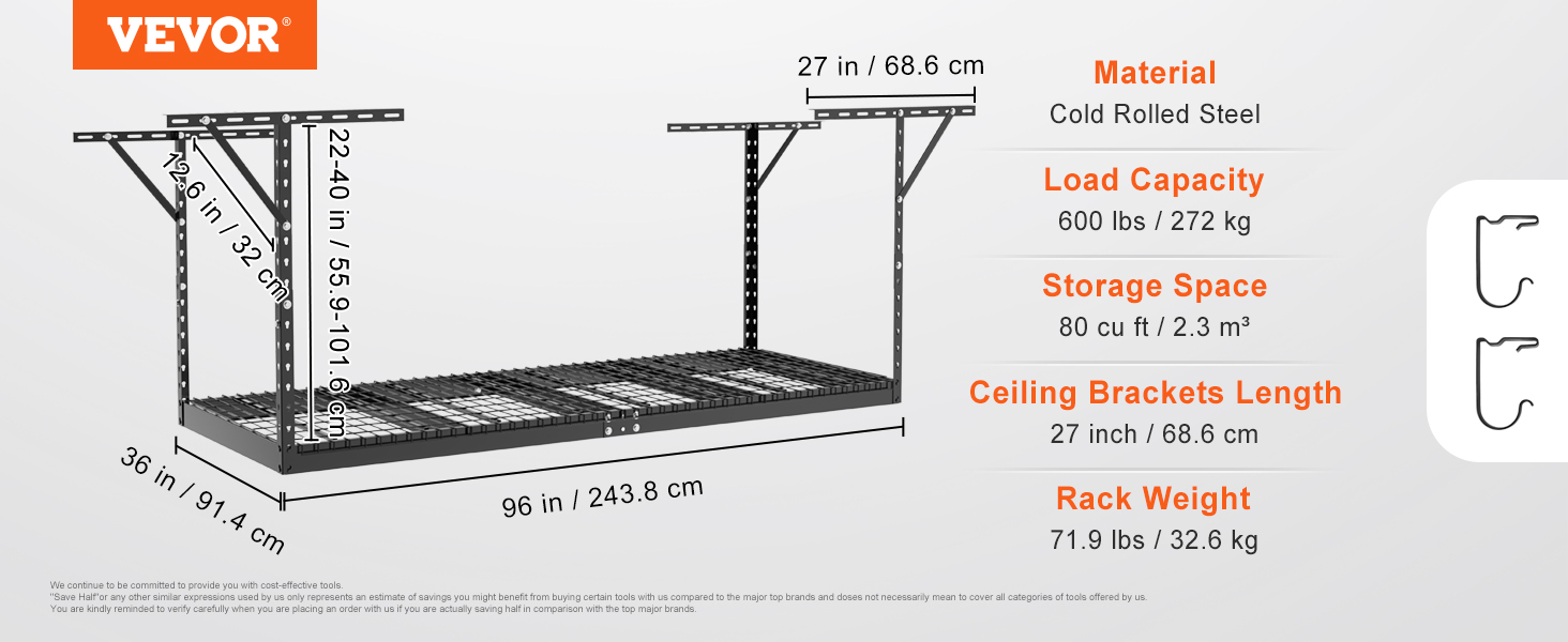 VEVOR overhead garage storage rack dimensions and specifications on a white background showing steel material.
