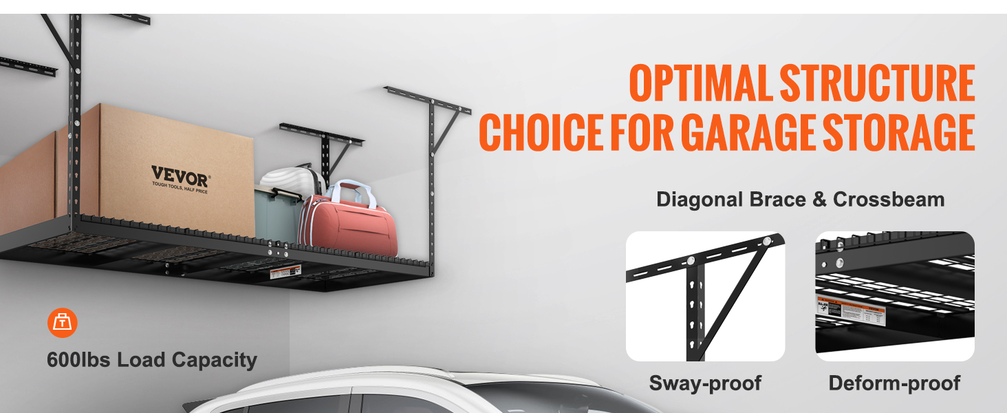 VEVOR griestu garāžas uzglabāšanas plaukts ar 600 mārciņu kravnesību, diagonālām stiprinājumiem un šķērsstieņu konstrukciju.