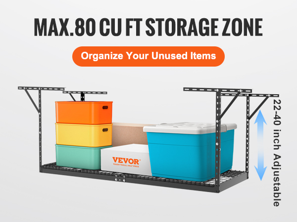 VEVOR griestu garāžas uzglabāšanas plaukts ar 80 kubikpēdu ietilpību, krāsainām kastēm, regulējams augstums no 22 līdz 40 collām.