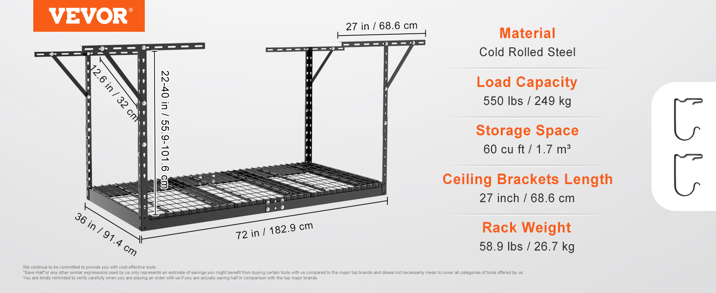 VEVOR garage storage rack details: load capacity 550 lbs, 60 cu ft storage, cold rolled steel, dimensions shown.