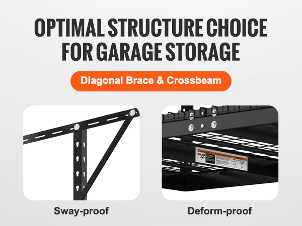 VEVOR garage storage rack with 550 lbs load capacity, featuring diagonal brace, crossbeam, and storage.