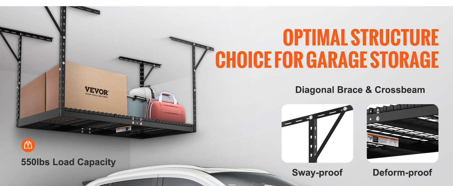 VEVOR garage storage rack with 550 lbs load capacity, featuring diagonal brace, crossbeam, and storage.