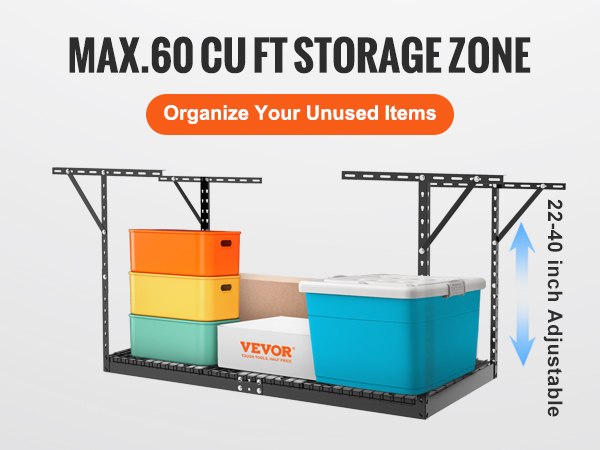 VEVOR garage storage rack with colorful bins, 60 cu ft space, and adjustable height from 22-40 inches.