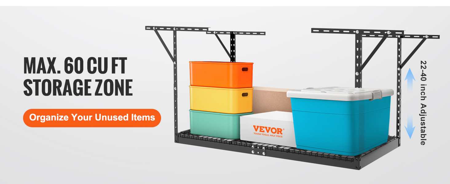 VEVOR garage storage rack with colorful bins, 60 cu ft space, and adjustable height from 22-40 inches.